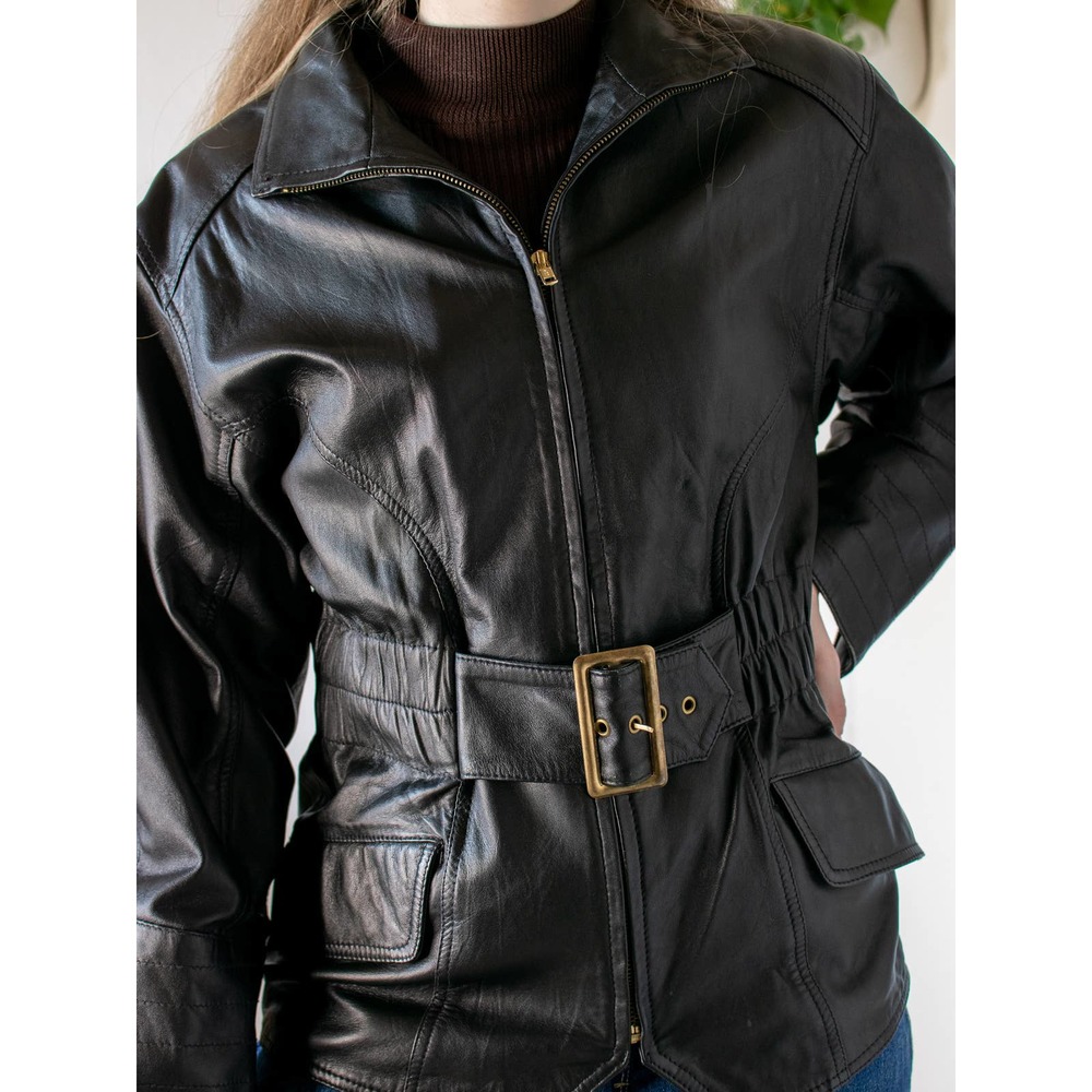 90's/00's Vintage Belted Black Leather Jacket